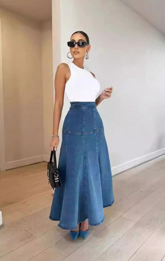 Women's Denim Maxi Flare Swing Skirt Patchwork Fitted Waist