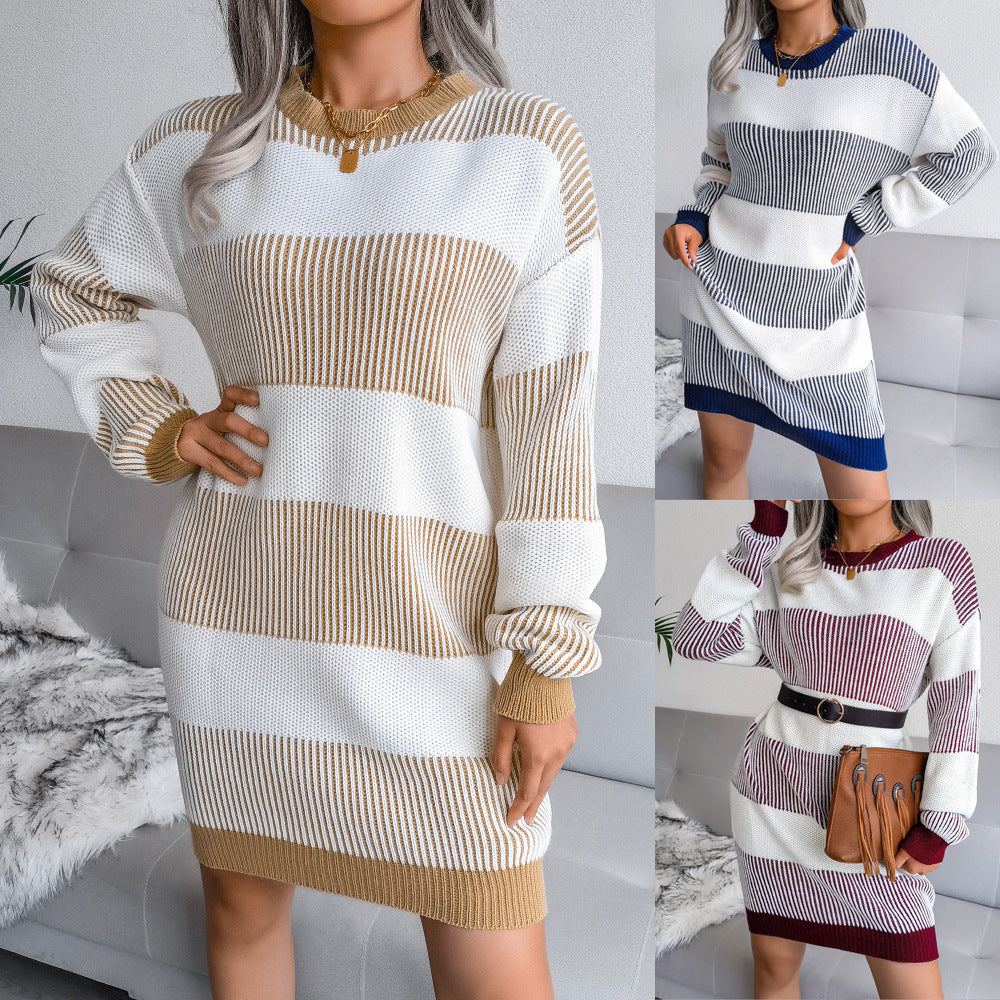 Women's Striped Knitted Jumper Dress Long Sleeve Round Neck Loose Fit