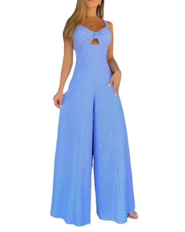 Women's Blue Pinstripe Jumpsuit Cut Out Front Bow Sleeveless Fitted Wide Leg Outfit Casual Fashion