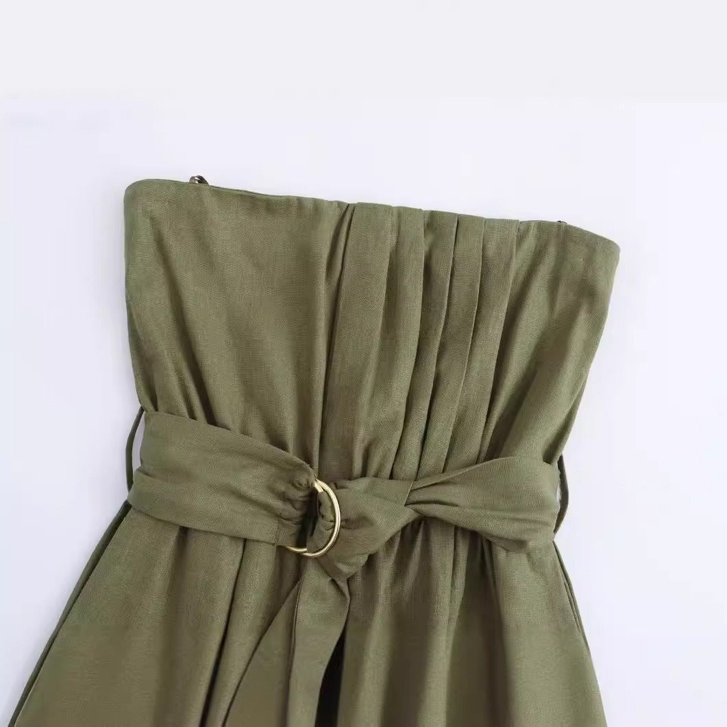 Women's Green Bandeau Jumpsuit Linen Feel Strapless Fitted Belted Waist