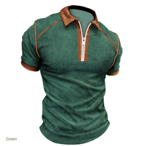 Men's Polo Shirt Zipper Collar Short Sleeve Detailed Shoulder Casual T-shirt