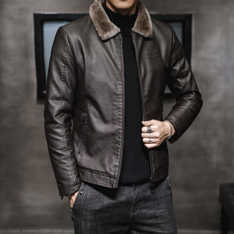 Men's Faux Leather Fur Lined Jacket Long Sleeve Lapel Collar Zip Front