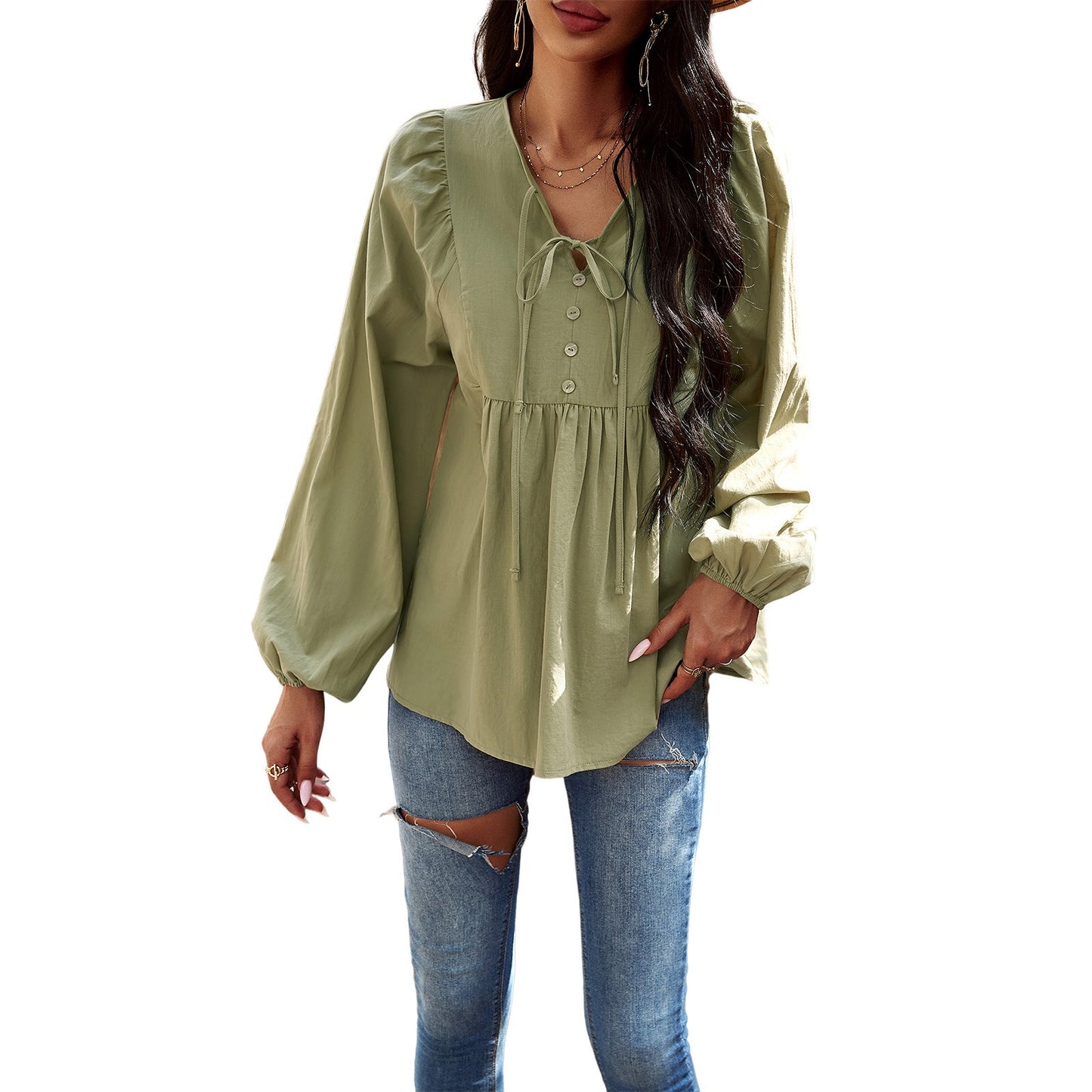 Women's Solid Colour Cotton Blouse V-Neck Loose Fit Long Sleeve Top