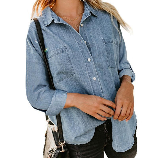 Women's Denim Style Lightweight Shirt Loose Fitting Double Pocket Long Sleeved Blouses