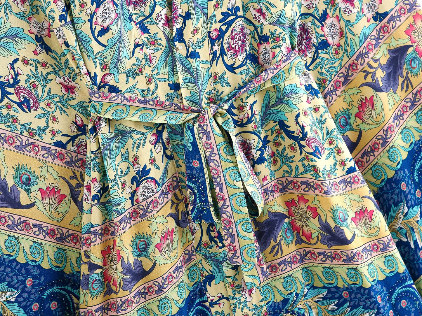 Bohemian Blue Floral Belted Short Kimono