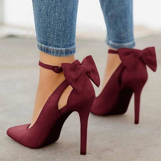 Women's Faux Suede Bow Detail High Heels Pointed Toe Thin Ankle Buckle Strap Stiletto Shoes