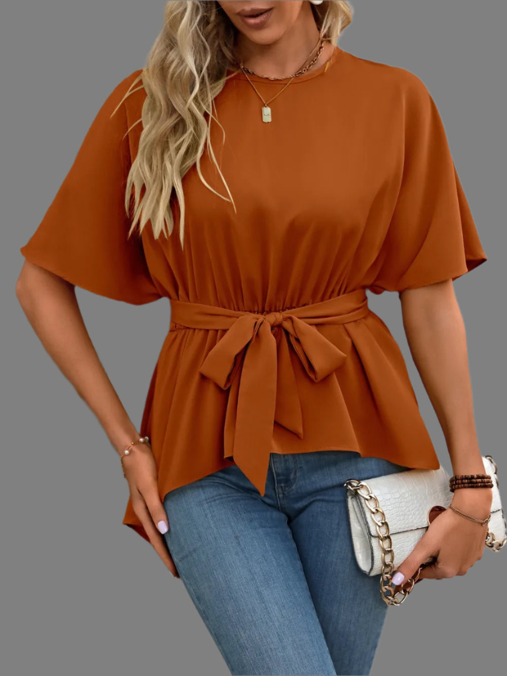 Women's Tied Waist Round Neck Blouse