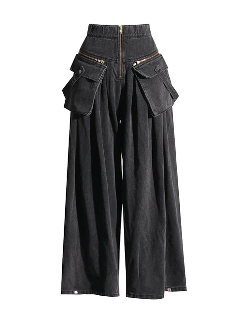 Women's Denim Wide Leg Zipper Front Large Pockets Cargo Jeans