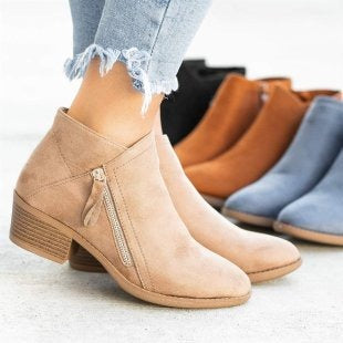 Women's Suede Ankle Boots Short Thick Heel Side Zipper