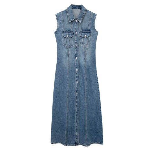 Women's Classic Denim Maxi Dress Traditional Collar Sleeveless Button Front