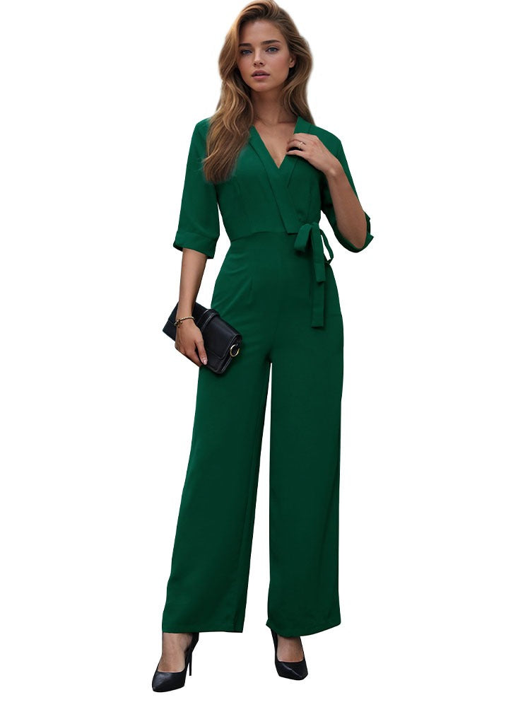 Women's Solid Green Jumpsuit V-Neck Mid Sleeves Tie Belt Waist Straight Leg Zip Back Outfit