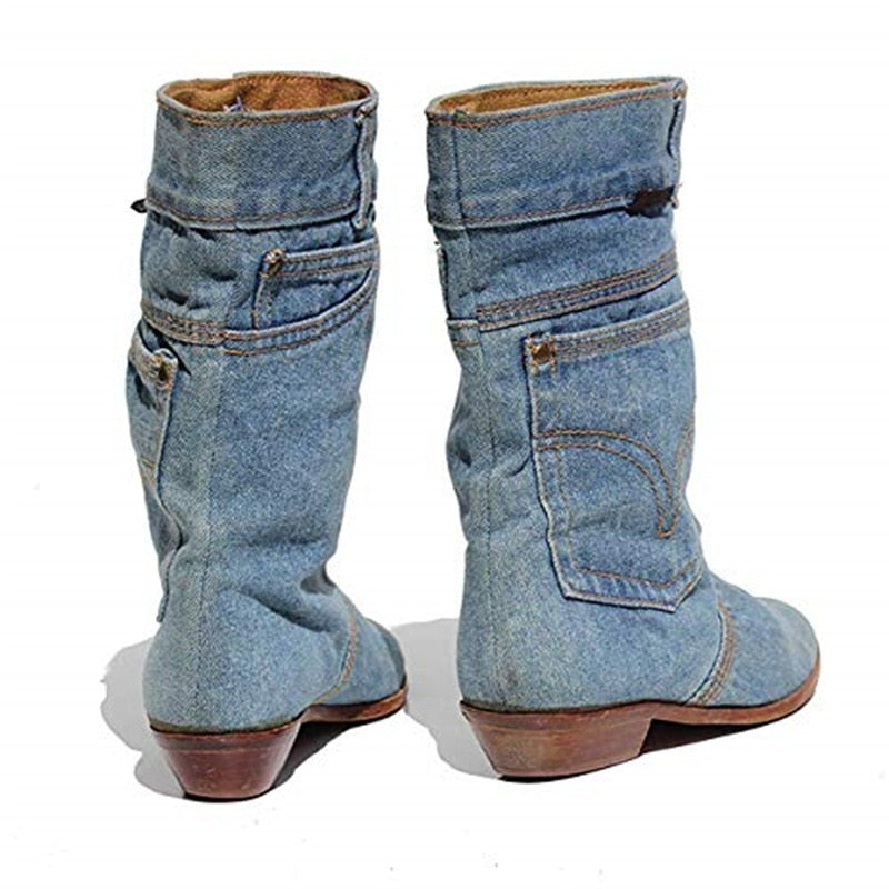 Women's Denim Cowboy Calf Boots Low Heel Side Pocket Pull On Footwear