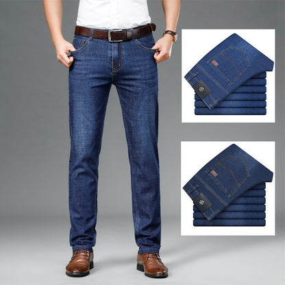 Men's Straight Denim Jeans Thin Stretch Mid-Rise Trousers Basic Stretch Smart Casual Pants