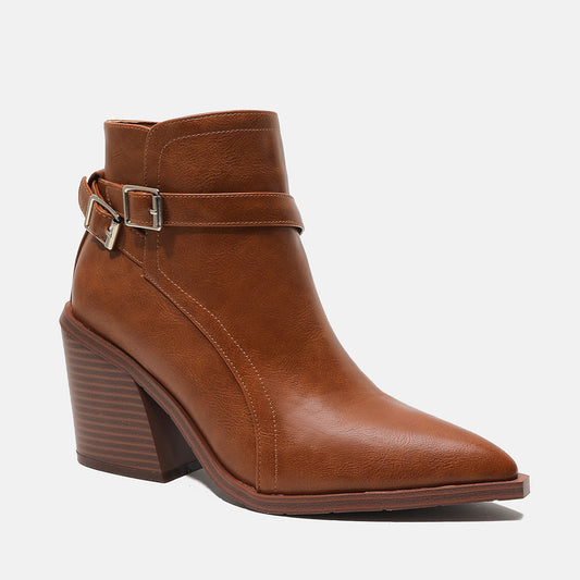 Women's Faux Leather Pointed Toe Thick Heel Ankle Boots