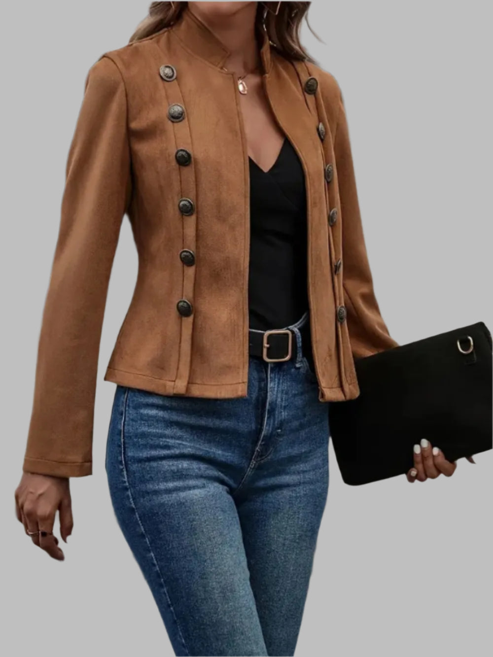 Women's Faux Suede Open Front Button Detail Fitted Jacket