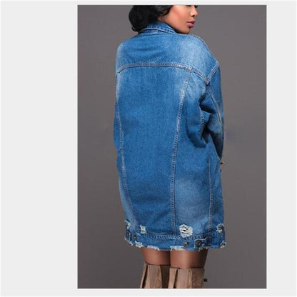 Women's Oversized Denim Jacket Boyfriend Style Frayed Bottom Detail Coat