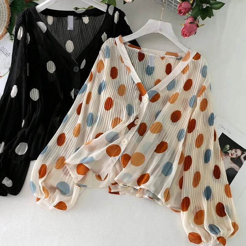 Women's Polka Dot Chiffon Blouse Long Puff Sleeve Loose Fitted Top One Size