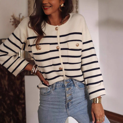 Women's Cream and Black Stripe Cardigan