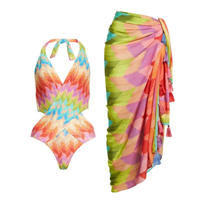 Women's Rainbow Zig Zag Print Wrap Cut Out Swimsuit and Sarong Two Piece Set