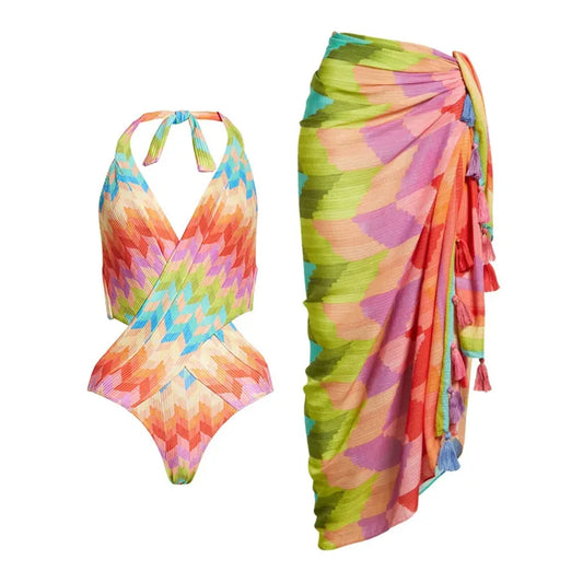 Women's Rainbow Zig Zag Print Wrap Cut Out Swimsuit and Sarong Two Piece Set