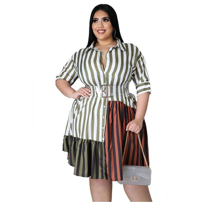 Women's Plus Size Striped Patchwork Knee Length Dress Fitted Belt Waist Button Front