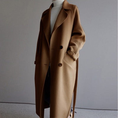 Women's Cashmere Feel Long Coat Hepburn Style Double Breasted Tie Waist Belt Knee Length with Pockets