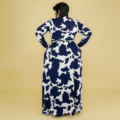 Women's Plus Size Graphic Print V-Neck  Wrap Maxi Dress Long Sleeve Fitted Tie Waist