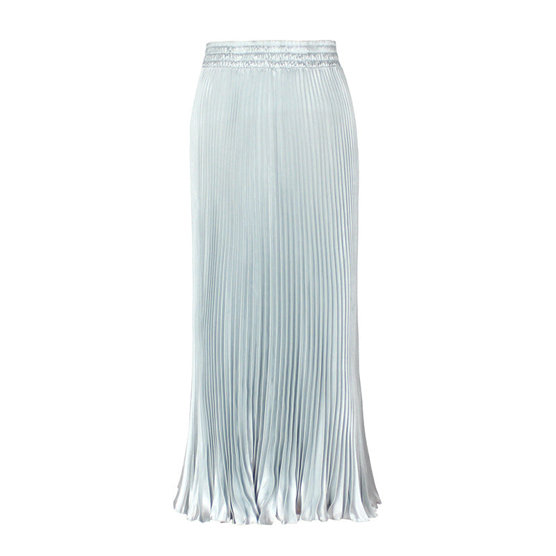 Women's Satin Metallic Pleated Maxi Skirt Long Organ Fan Long Length Elastic Waist