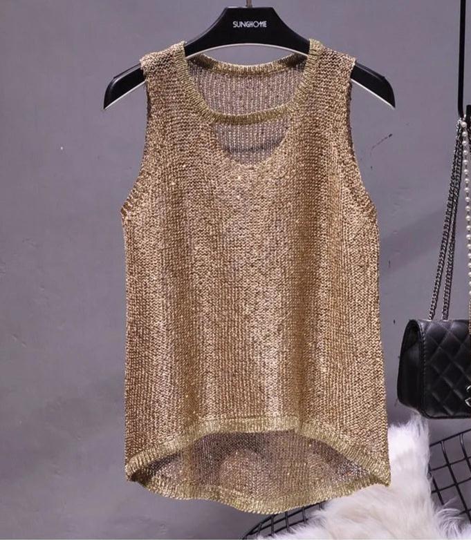 Women's Glitter Knitted Vest Top V-Neck Sleeveless Scalloped Front Hem