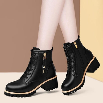 Women's Contrast Detail Lace Up PU Leather Thick Mid Heel Ankle Boots