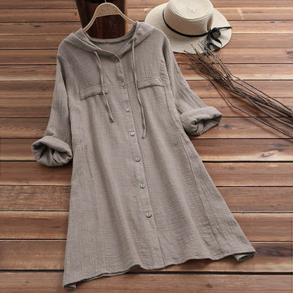 Women's Plus Size Linen Hooded Shirt Dress Long Sleeve Midi Length