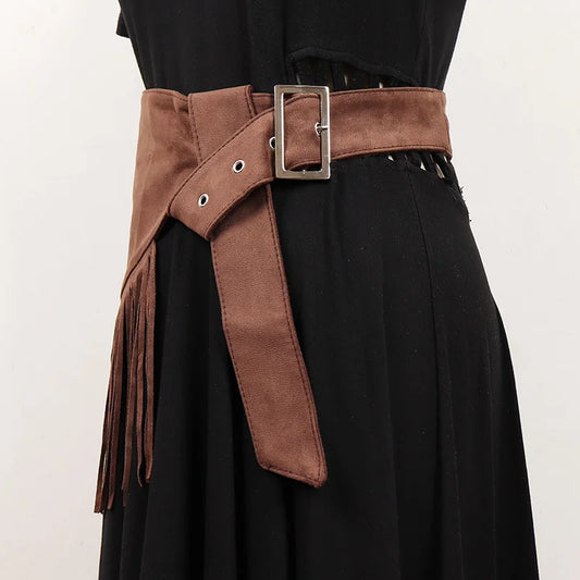 Women's Velvet Bohemian Wide Waistband Buckle Belt With Tassels