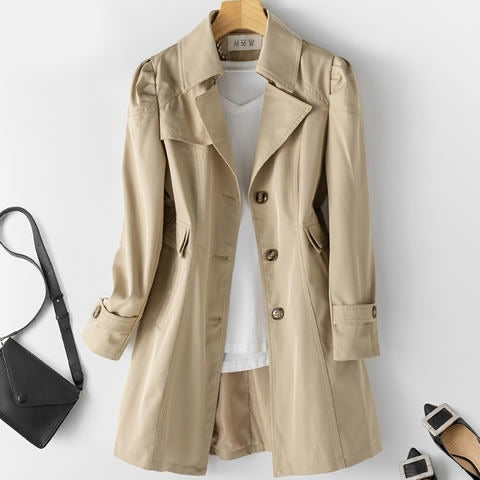 Women's Long Sleeve Button Front Fitted Trench Coat