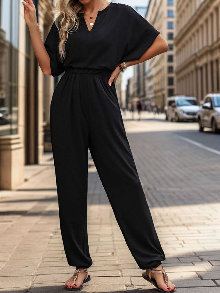 Women's Solid Colour Jumpsuit V-Neck Short Sleeve Fitted Waist Straight Leg Outfit