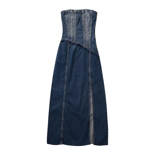 Women's Petite Strapless Denim Dress Maxi Split Thigh Fitted Asymmetrical Elastic Back Zipper Side Vintage Style