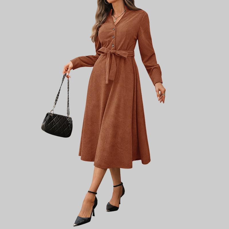 Women's Brown Ribbed Long Sleeved Tie Waist Midi Dress