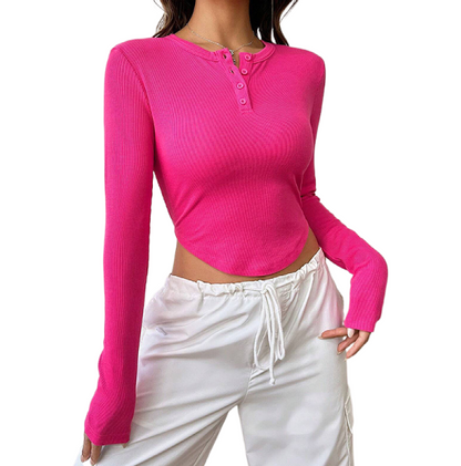 Women's Ribbed Button Round Neck Curved Hem Top