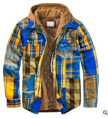 Men's Check Striped Plaid Lined Hooded Jacket Long Sleeve Button Front Shirt