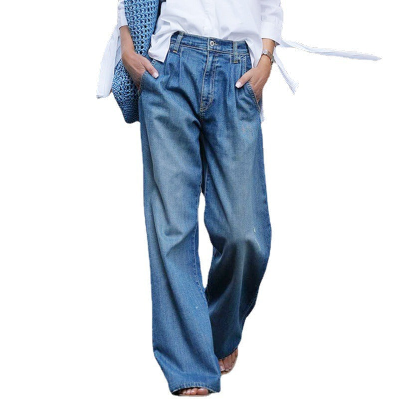 Women's Retro Denim Jeans High Waisted Wide Leg Floor Length Trousers