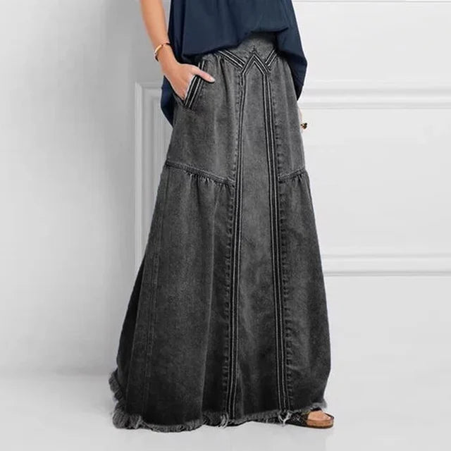 Women's Oversize Denim Skirt Patchwork Detailed Stitch Frayed Hem Solid High Waist Pockets Maxi Full Length