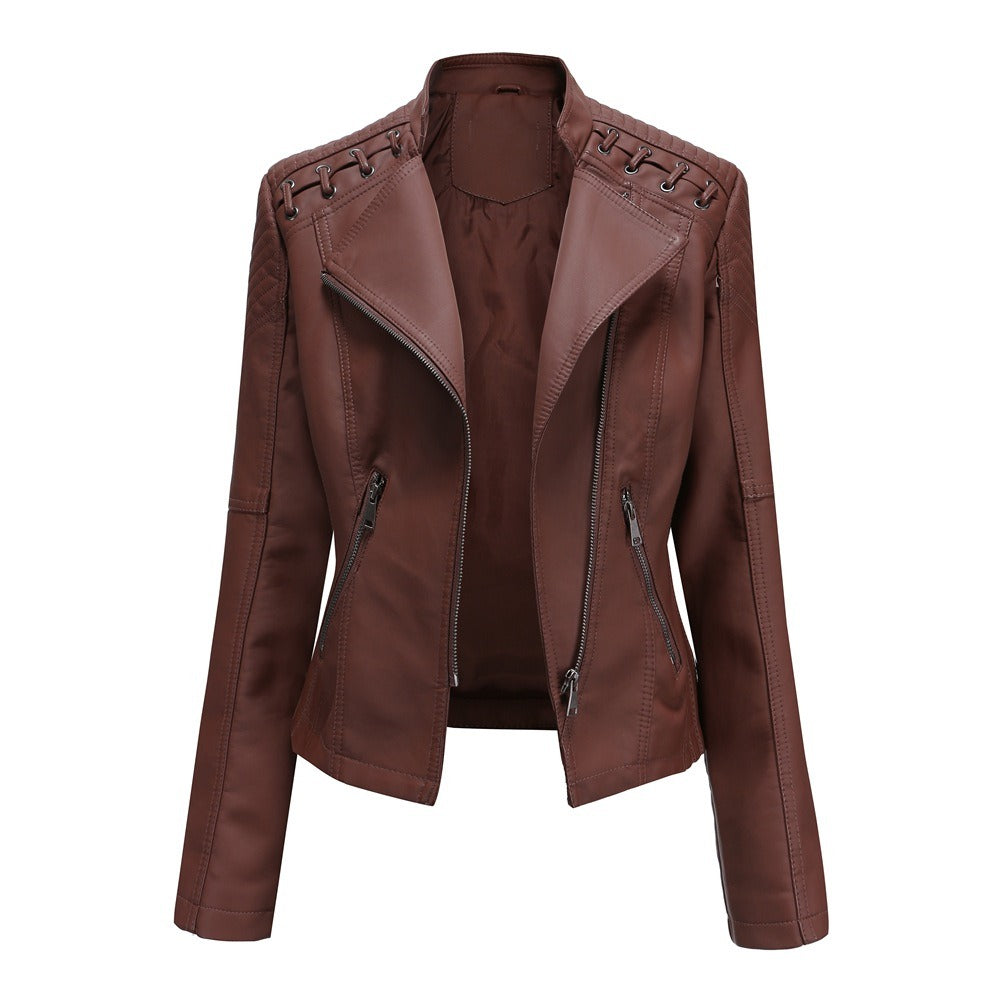 Women's PU Leather Jacket Long Sleeved Pockets Shoulder Detail Fitted Waist Zip Pockets Casual Fashion