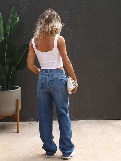 Women's Denim Jeans Ripped Holes Loose Fit Mid Rise Casual Vintage Trousers