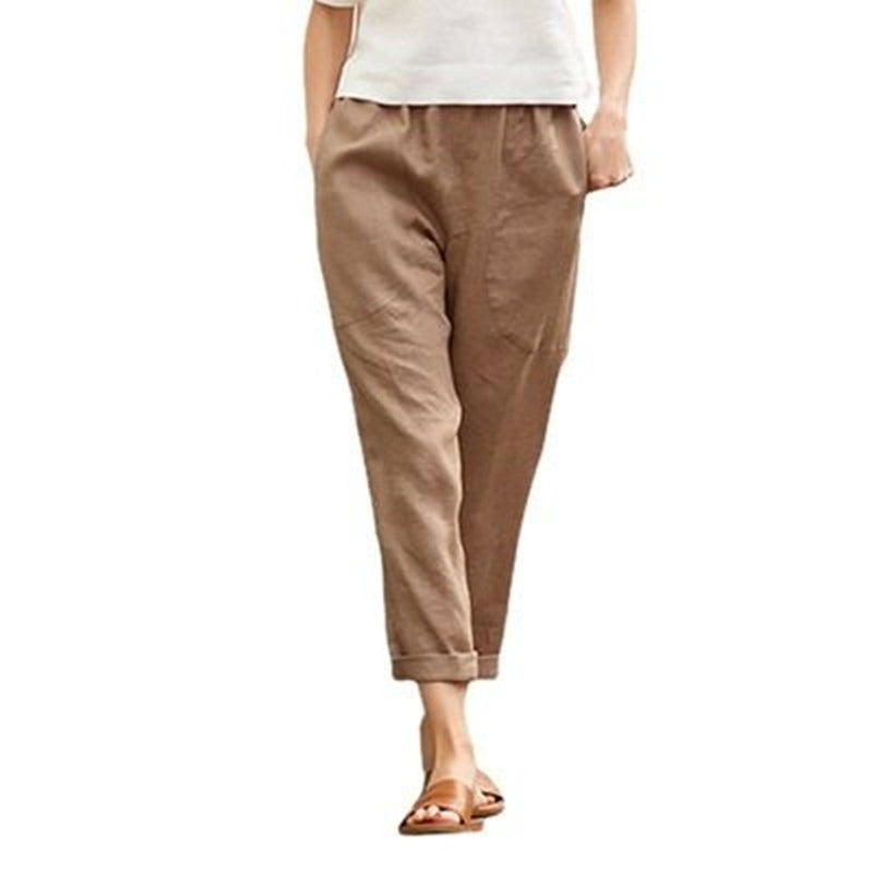 Women's Linen Cotton Loose Fit Straight Leg Cropped Trousers