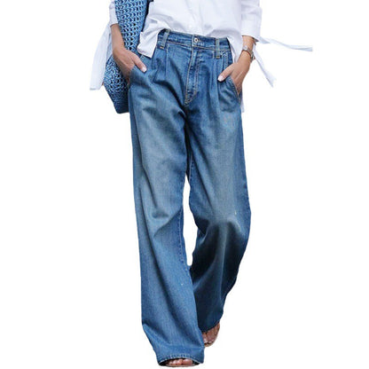 Women's Retro Denim Jeans High Waisted Wide Leg Floor Length Trousers