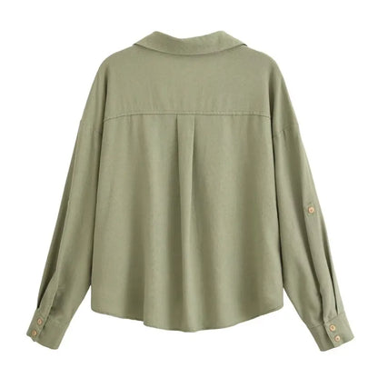 Women's Linen Blouse Long Sleeve V-Neck Twist Front Shirt