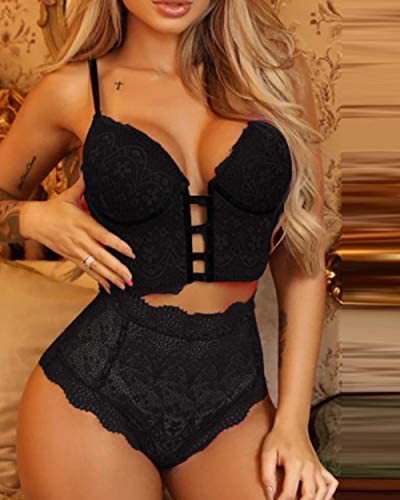 Women's Lace Padded Bralette and High Waist Knickers Two Piece Lingerie Set