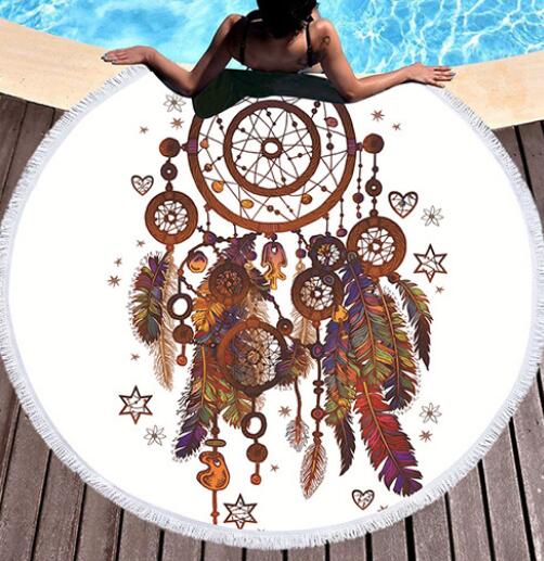 Dreamcatcher Feathers Round Tassel Edge Fleece Blanket Microfibre Towel Beach Tapestry 150cm