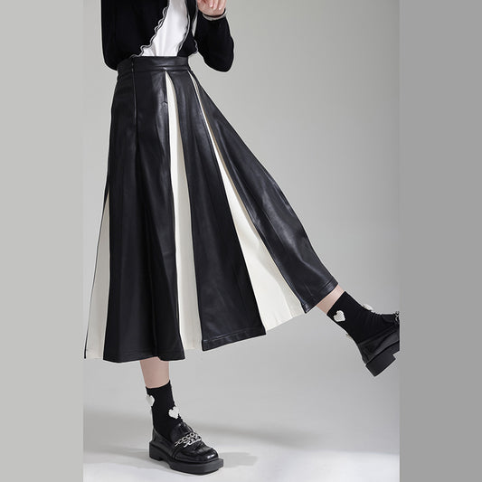 Women's PU Leather Black and White Patchwork Pleated Fitted Waist Ankle Length A-Line Skirt