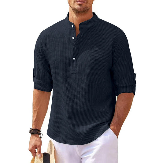 Men's Solid Colour Textured Cotton Shirt Long Sleeve Stand Up Half Open Collar T-shirt Sweater Top