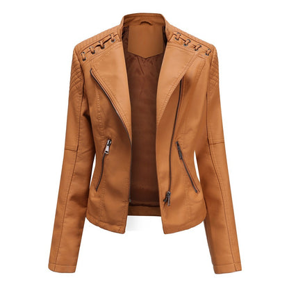 Women's PU Leather Jacket Long Sleeved Pockets Shoulder Detail Fitted Waist Zip Pockets Casual Fashion